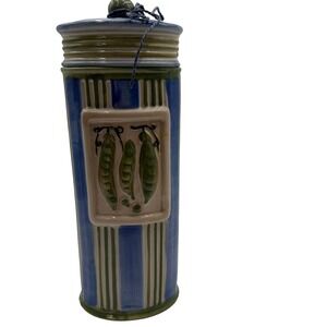 Vtg. Hand Painted Striped Ceramic Pasta Canister with Pea Pod Relief Blue Green